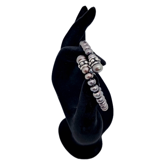 Honora Peacock Grey Natural Pearl Coil Cuff Sterling Silver Beads - Picture 6 of 9